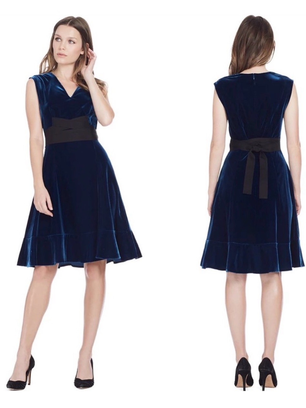 10 Crosby Derek Lam Navy Velvet Midi Dress with Black Waistband